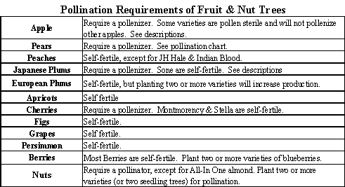 This chart shows the pollination requirements of different kinds of trees.